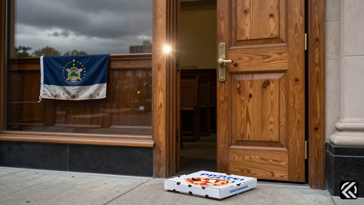 Oak courtroom door open with a weathered NY flag and a discarded pizza box on the steps.