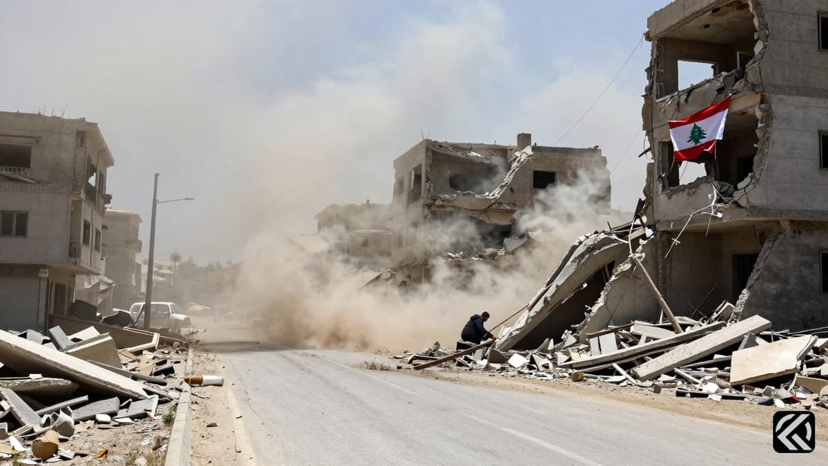 Rubble of collapsed buildings and dust rising from Israeli air strikes in Lebanon