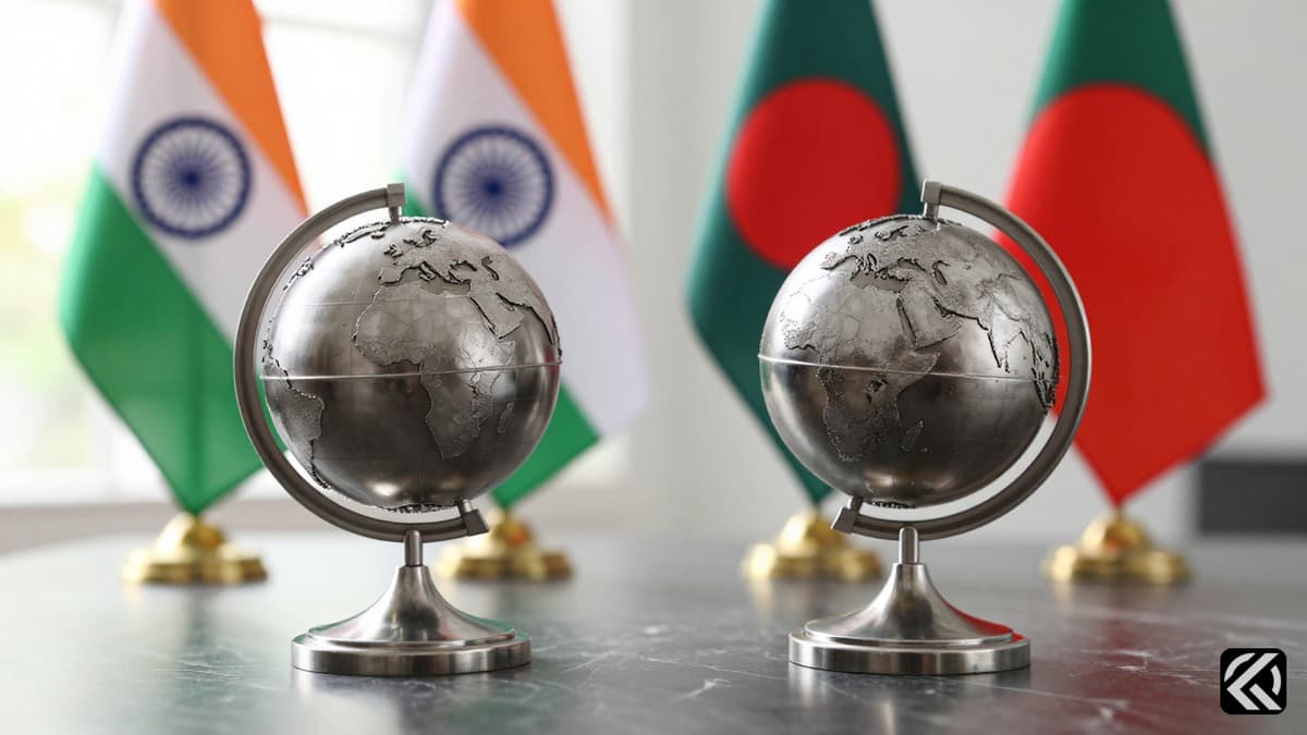 Diplomatic meeting symbols featuring India and Bangladesh flags and globe models on a marble desk.
