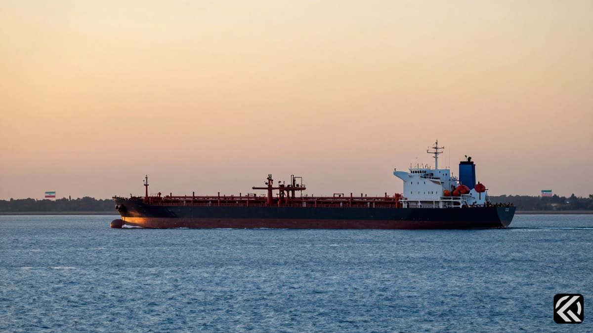 A realistic photo of an oil tanker in the Strait of Hormuz under a sunset sky with distant flags symbolizing the truce.