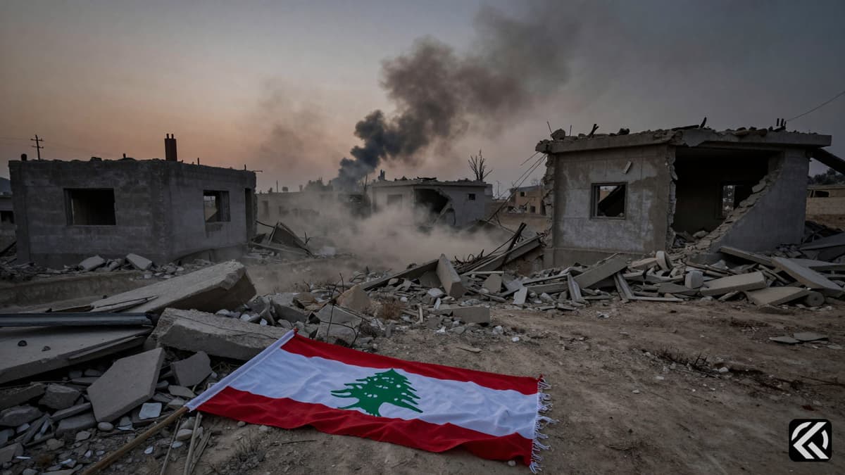 Devastated Lebanese village landscape with crumbling buildings and smoke after Israeli air strikes.