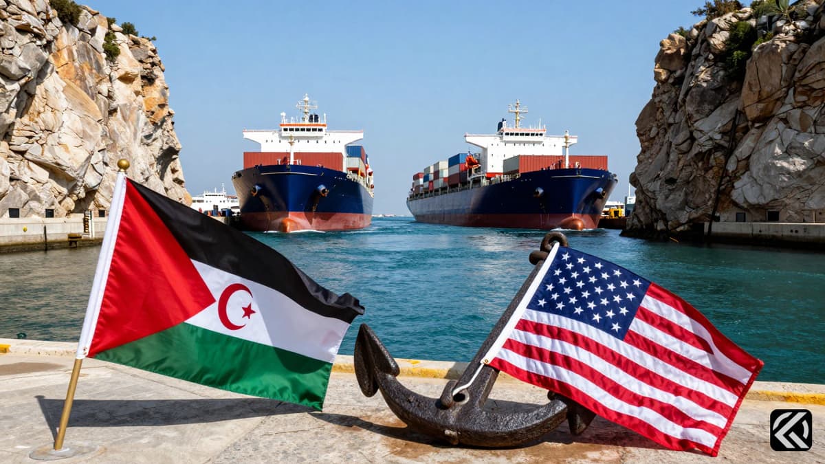 Cargo ships navigating a strategic waterway flanked by rocky cliffs with Persian and US flags draped over an anchor on the shore.