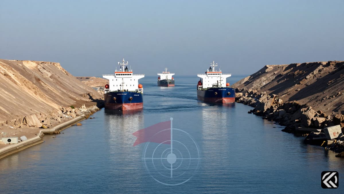 Cargo ships navigating a narrow strait with coastal hills under a hazy sky, symbolizing restricted maritime access.