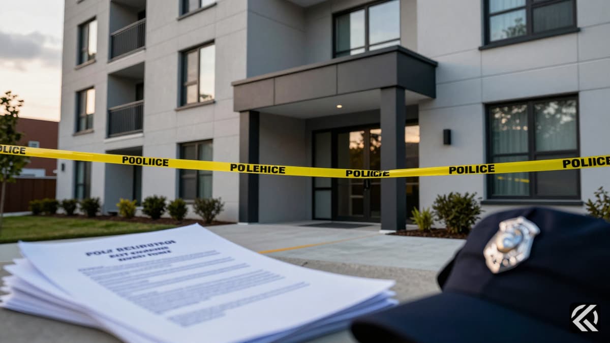 Police tape and official documents outside a Delhi apartment during a search operation linked to a political dispute.