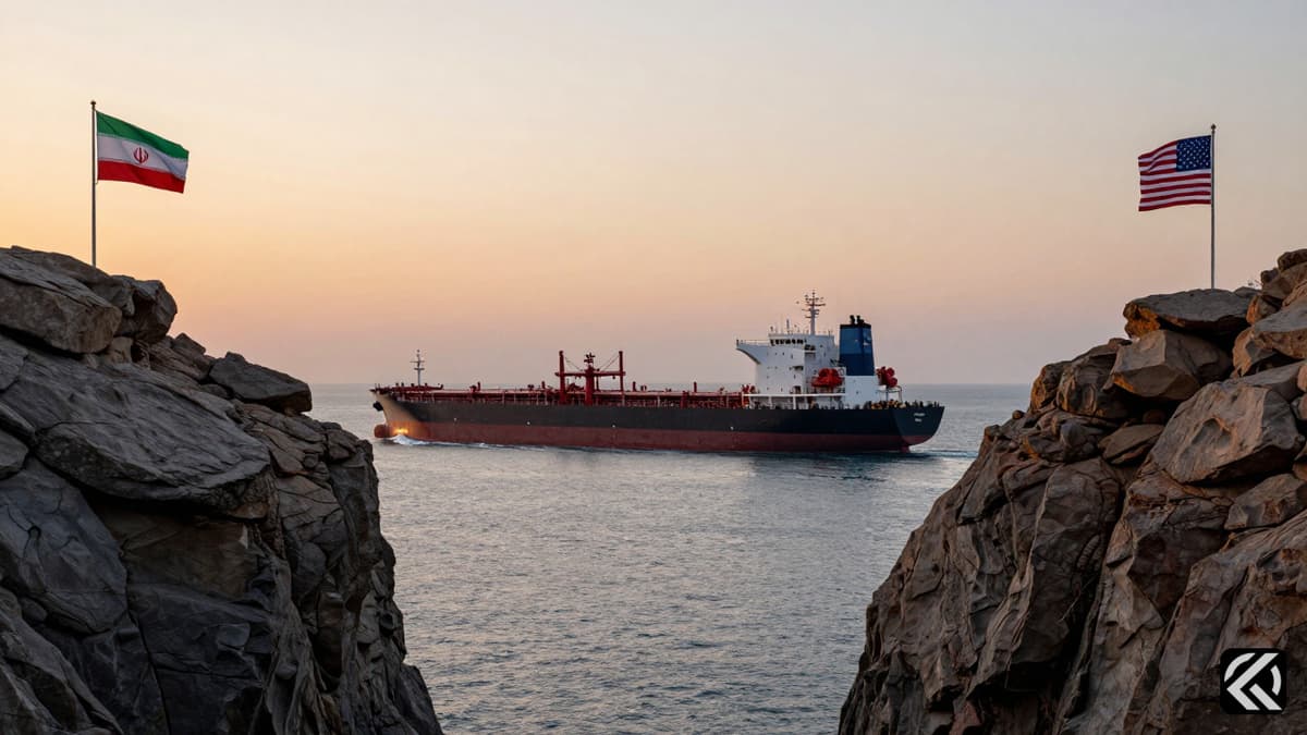 Oil tanker passing through Strait of Hormuz with US and Iranian flags visible on opposite banks.