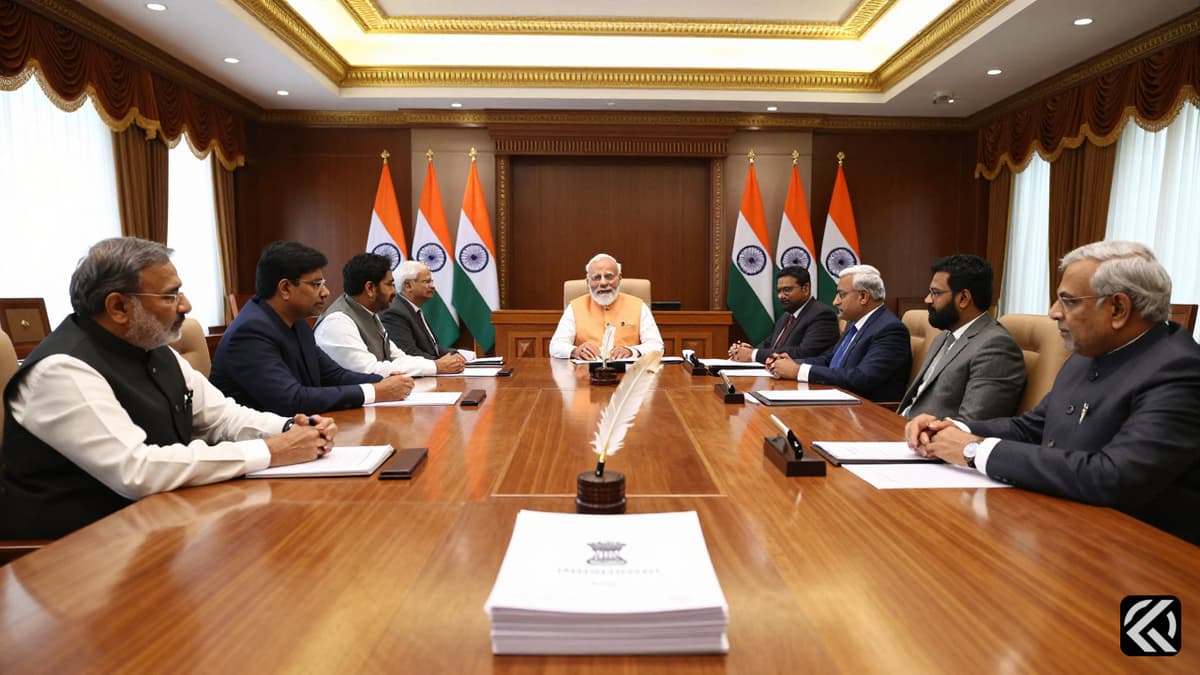 Indian Cabinet ministers seated around a table with official documents and national flags symbolizing a new legislative bill.