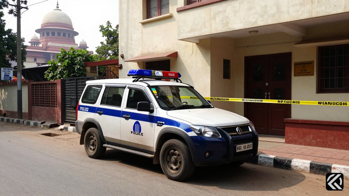 Police vehicle and tape outside a Delhi flat during a search operation.