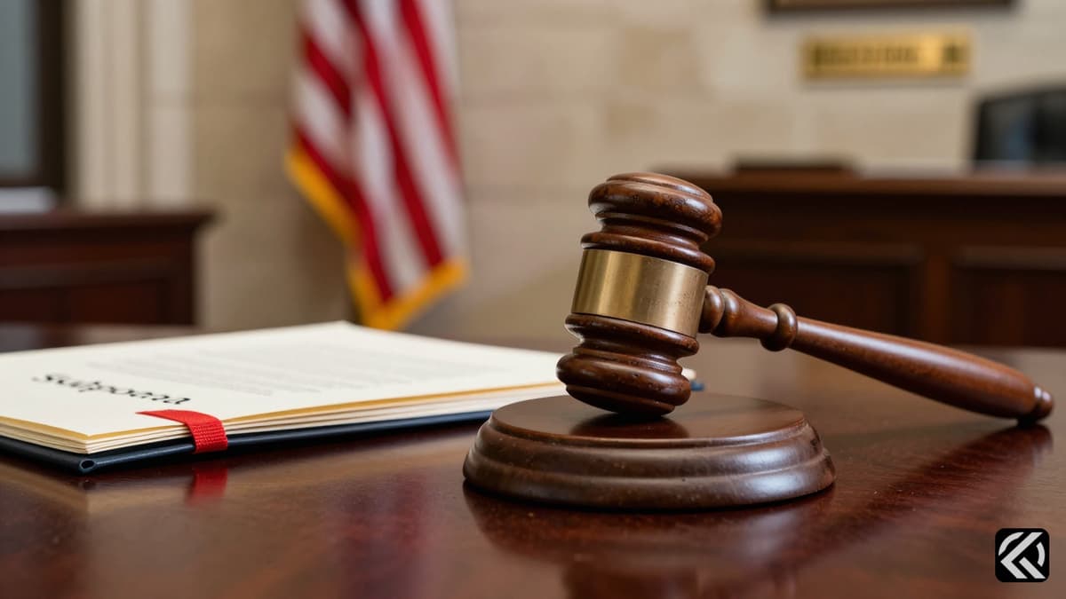A wooden gavel and subpoena folder on a desk in a formal government room.