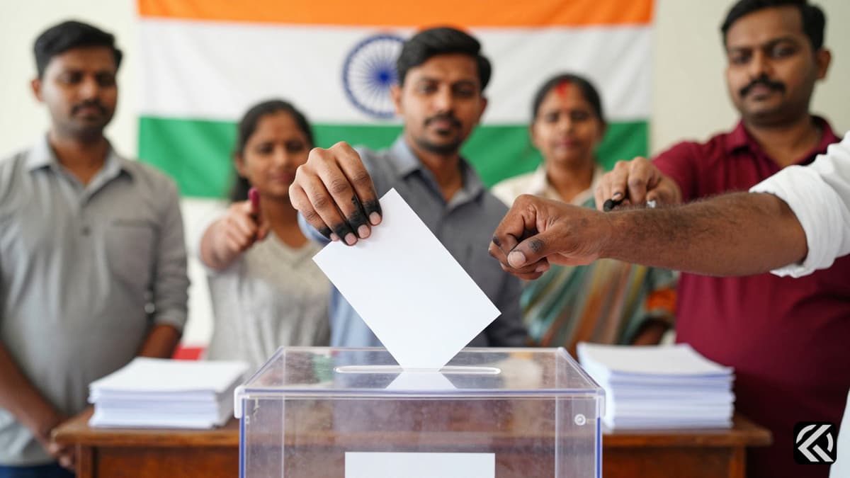 Indian voters casting ballots in 2026 with inked fingers and transparent boxes.