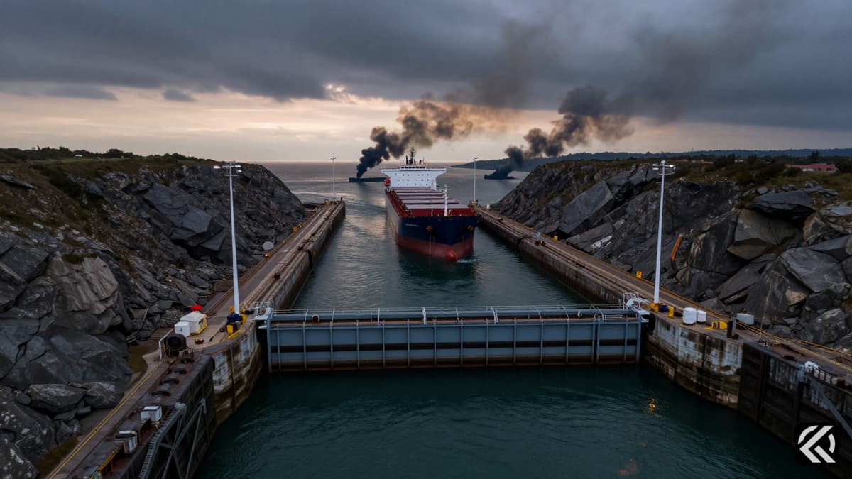 Cargo ship in a closed shipping strait with smoke plumes rising from distant conflict zones.