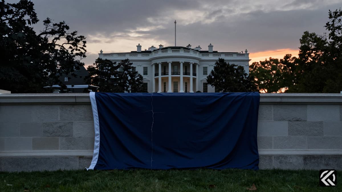 A dark blue flag draped against a cracked wall with the White House in the background under a stormy sky.