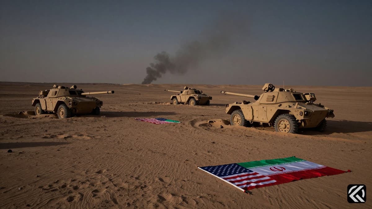 Destroyed military equipment and smoke in a desert landscape symbolizing the aftermath of the Operation Epic Fury military campaign.
