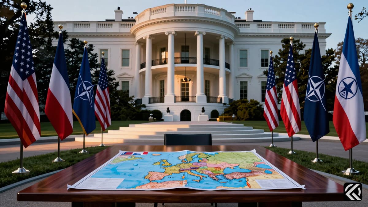 White House exterior with NATO flags and Atlantic map on a table