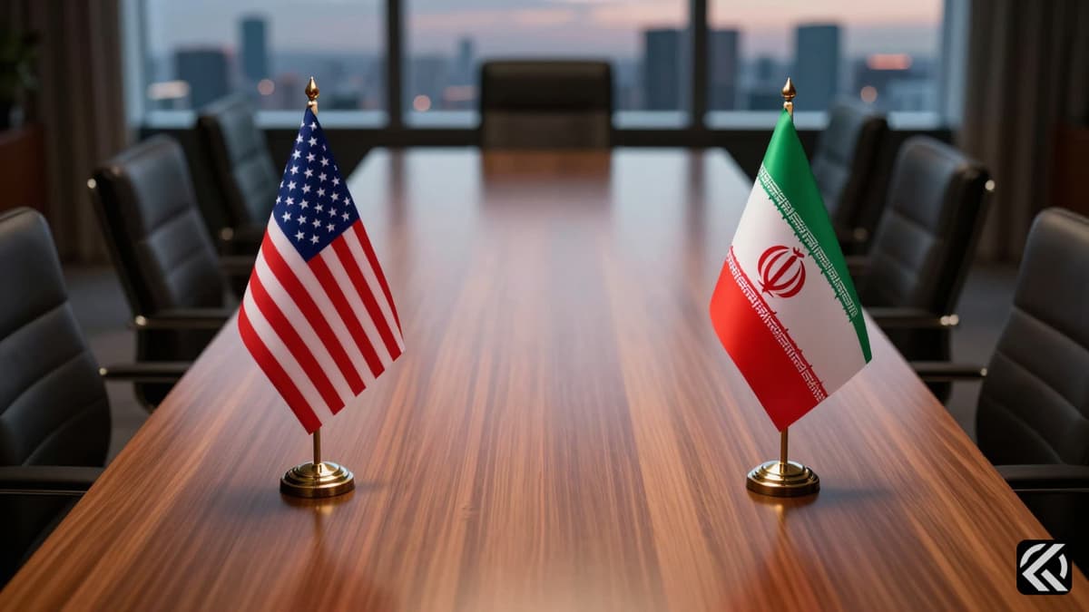 Diplomatic table with US and Iranian flags symbolizing the Israel-US ceasefire dispute.