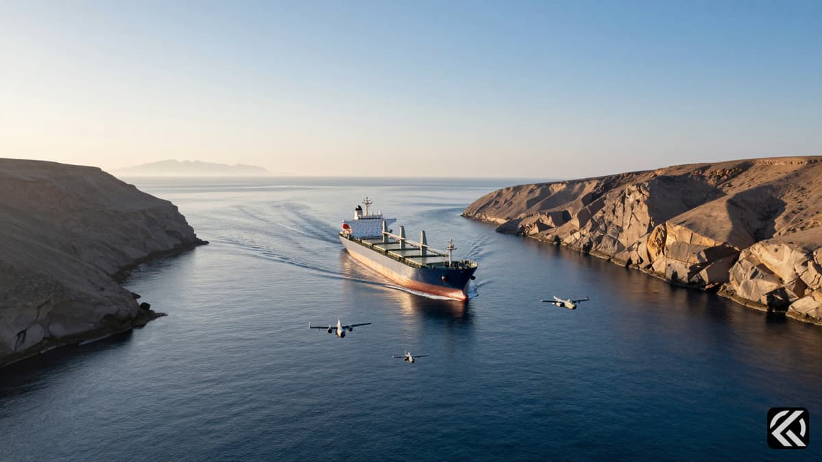 Military aircraft and ships navigating a narrow strait with rocky cliffs under a clear sky.