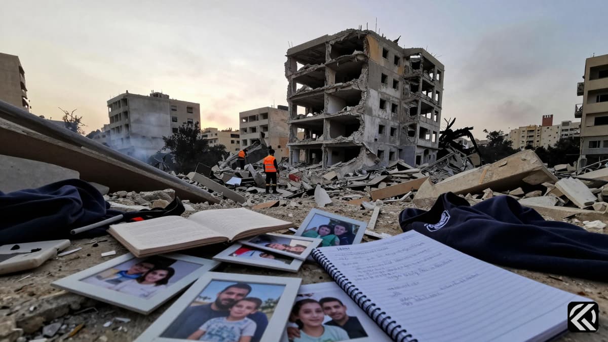 Emergency workers search through rubble and personal items left behind at a destroyed building site in Beirut following a strike.