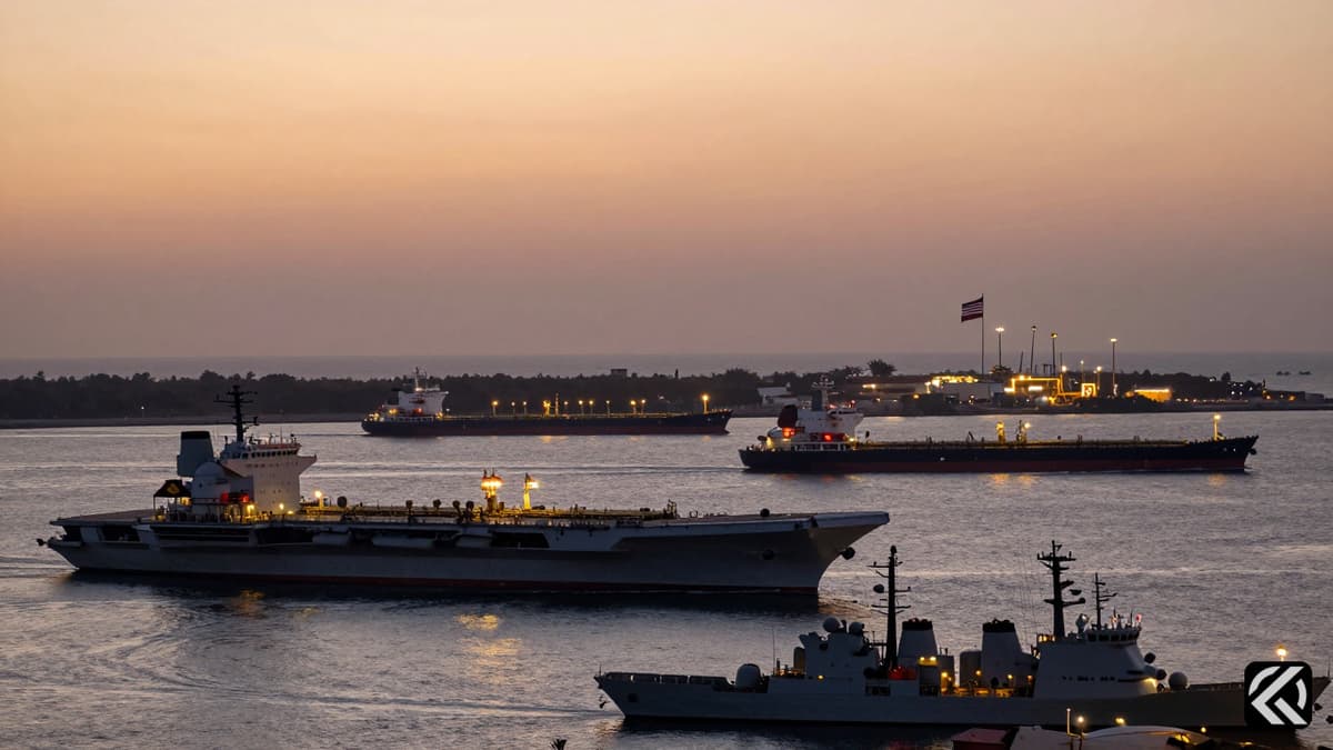 Oil tankers and warships navigate the Persian Gulf waters under a hazy sunset sky.