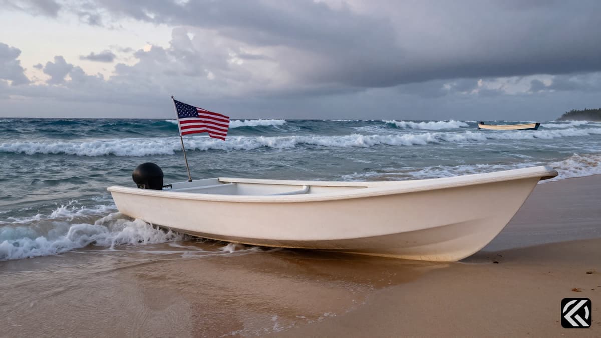A small white dinghy rests on a sandy Bahamian beach near choppy, dark ocean waters under a cloudy sky.