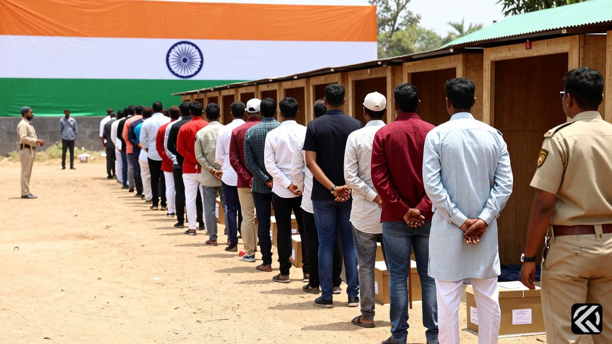 Voters wait in a long line outside a polling station with a flag, symbolizing the 2026 democratic process.