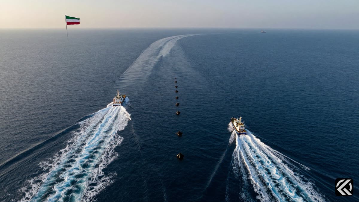 Aerial view of the Strait of Hormuz showing new shipping routes and submerged sea mine hazards near the Iranian coast.