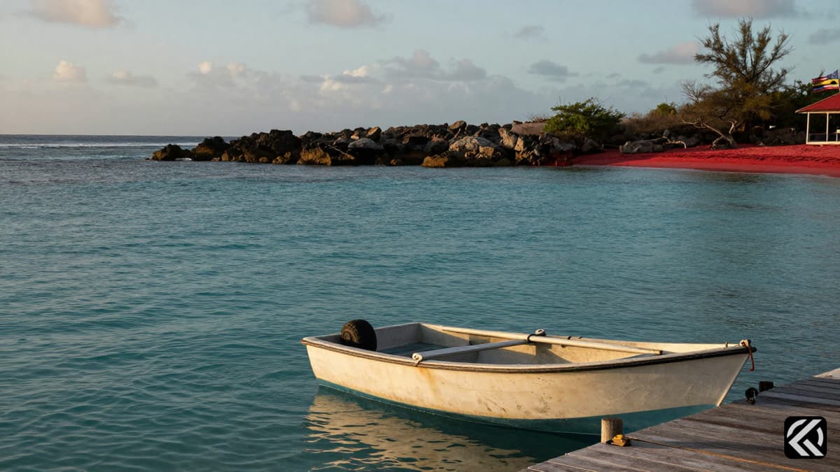 A solitary dinghy rests on a wooden pier at dawn against the backdrop of the rugged Abaco Islands shoreline.
