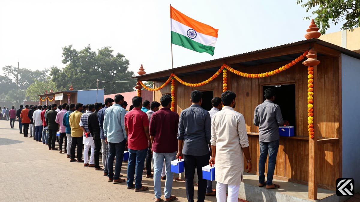 Citizens queue for Assam Assembly elections 2026 with Indian flag and ballot boxes at polling station.