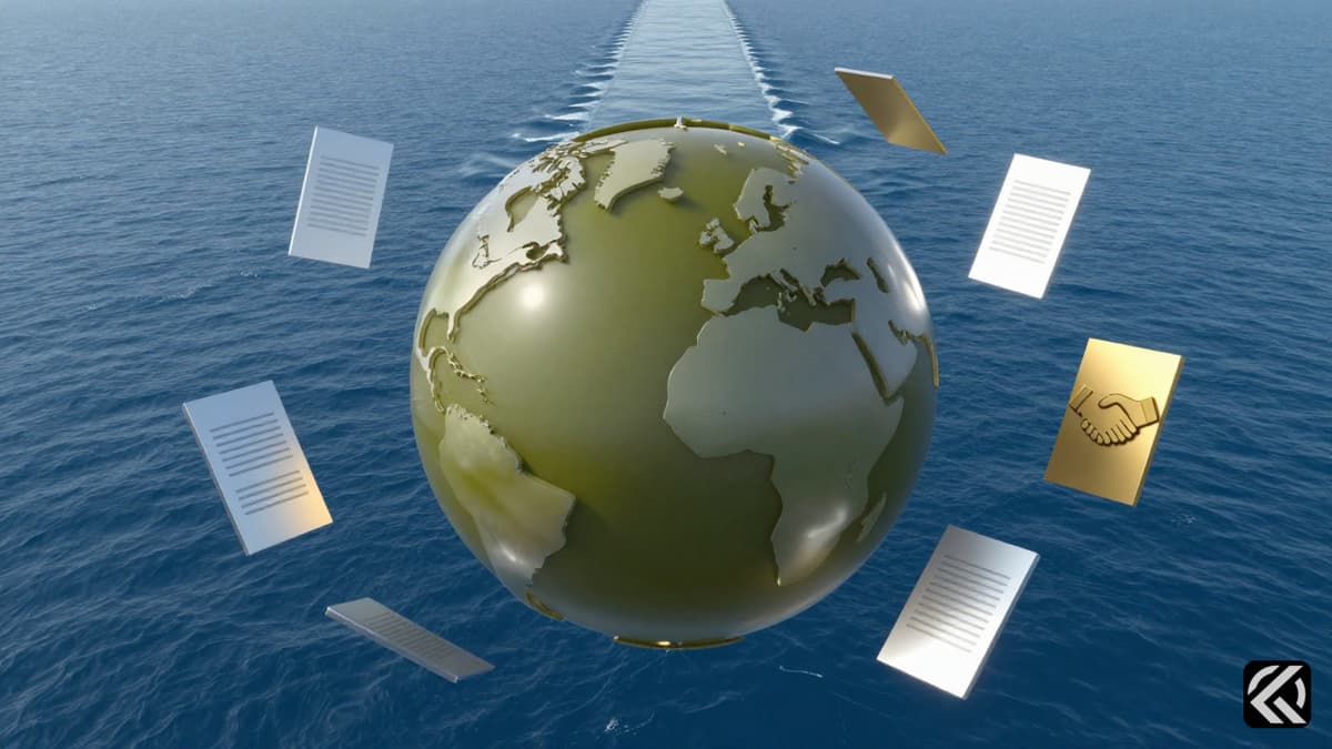 Stylized globe over ocean maritime route with floating diplomatic symbols representing international negotiations.