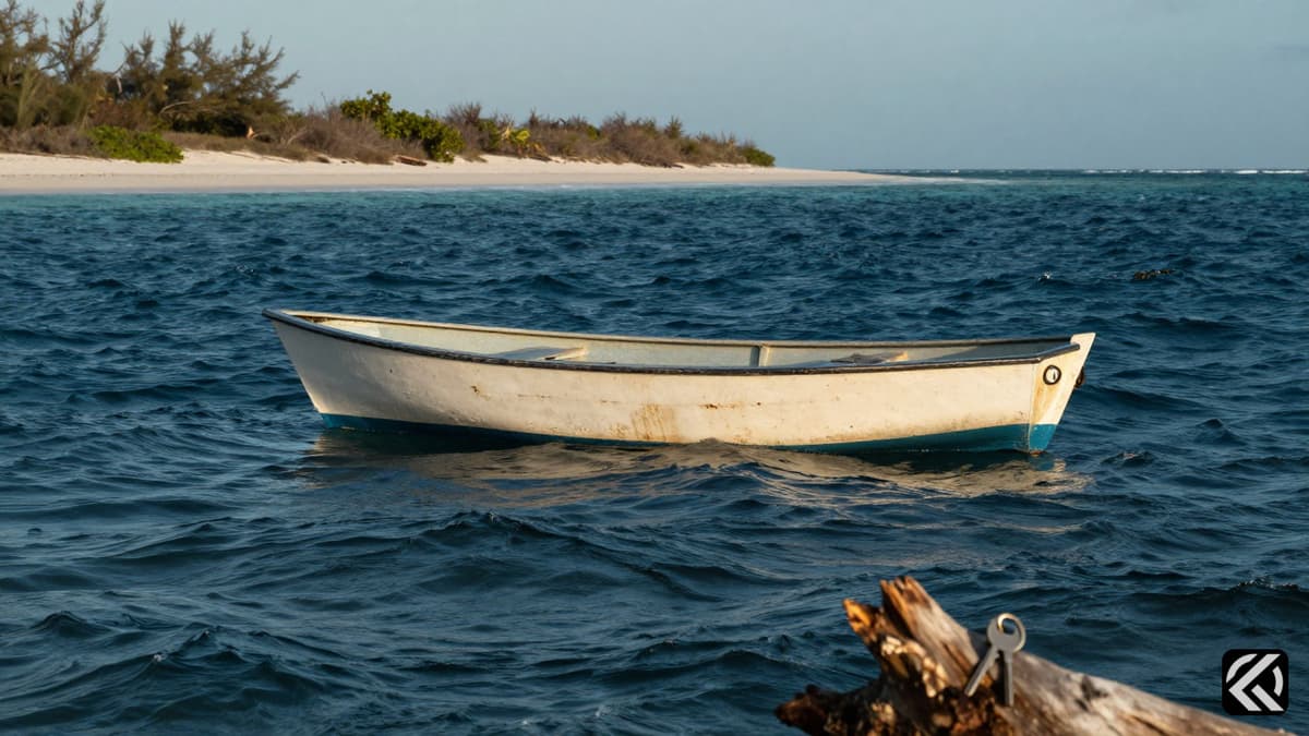 Small dinghy in rough Bahamian waters near Elbow Cay with boat keys on driftwood.
