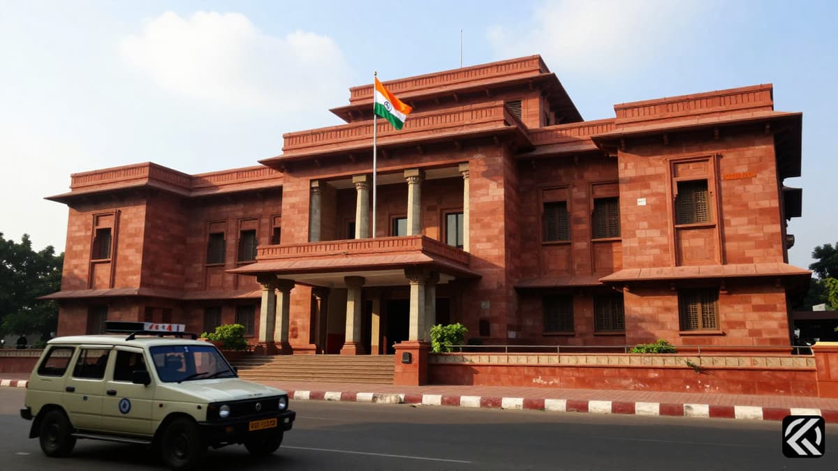Exterior of Telangana High Court with Indian flag and blurred police vehicle, symbolizing legal proceedings and police pursuit.