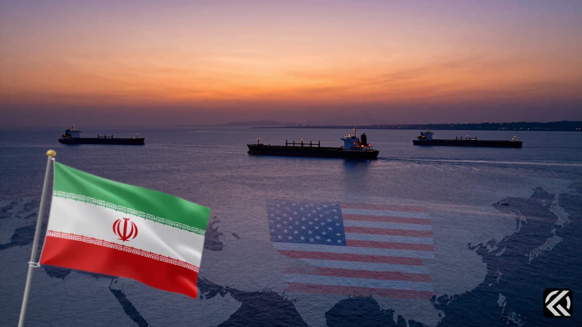 Tankers sail through the calm waters of the Strait of Hormuz under a sunset sky with subtle flag reflections.
