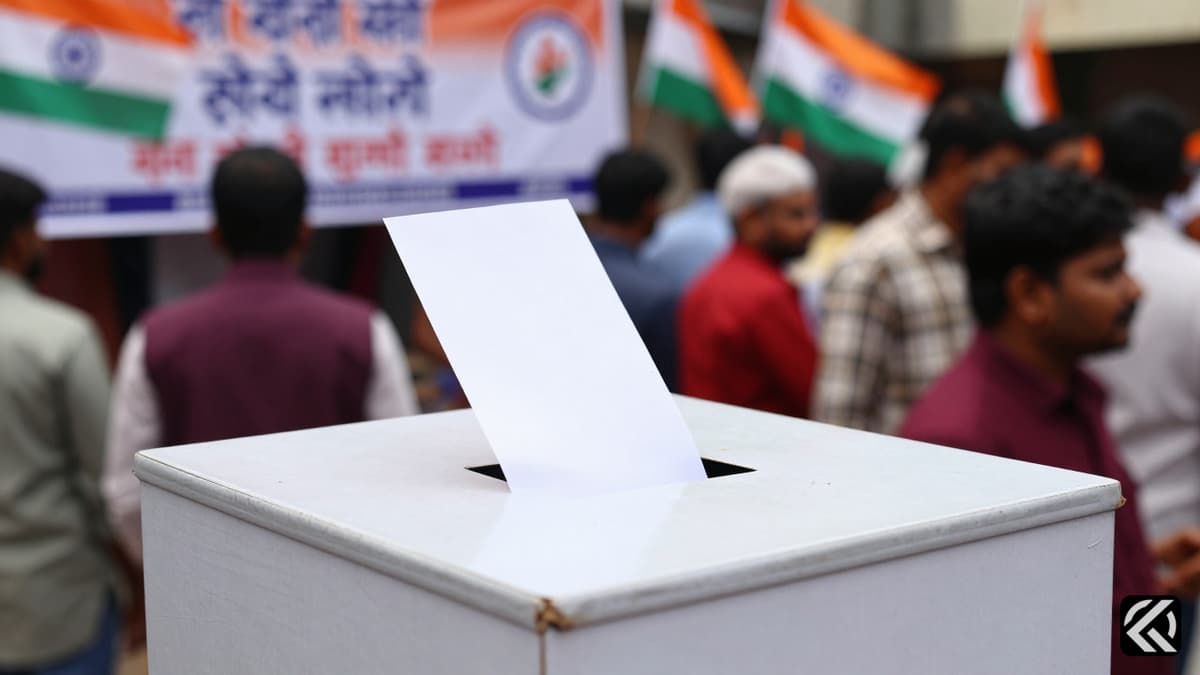 Realistic photo of a contested election scene with ballot boxes and flags representing the Baramati by-election.