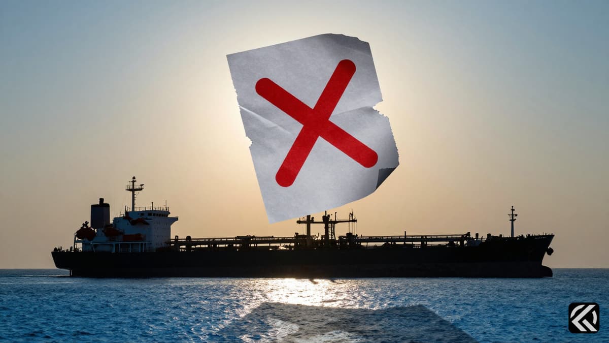 A peaceful oil tanker in the Persian Gulf with a torn paper document floating above, symbolizing a fragile truce.