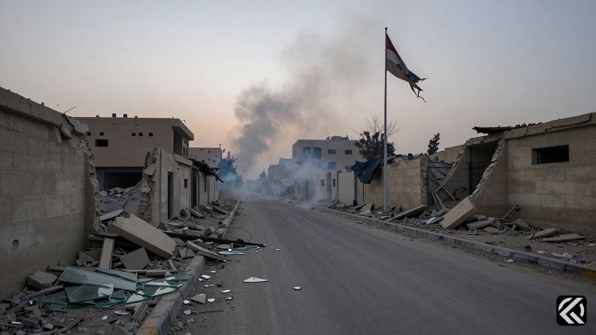 A realistic scene of destroyed buildings and debris on a street in Lebanon after a strike.
