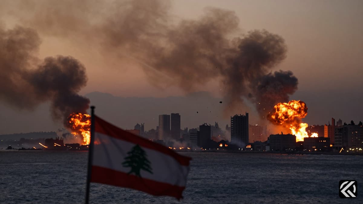 Smoke rising from damaged buildings on the Lebanese coast with a flag on a broken pole.