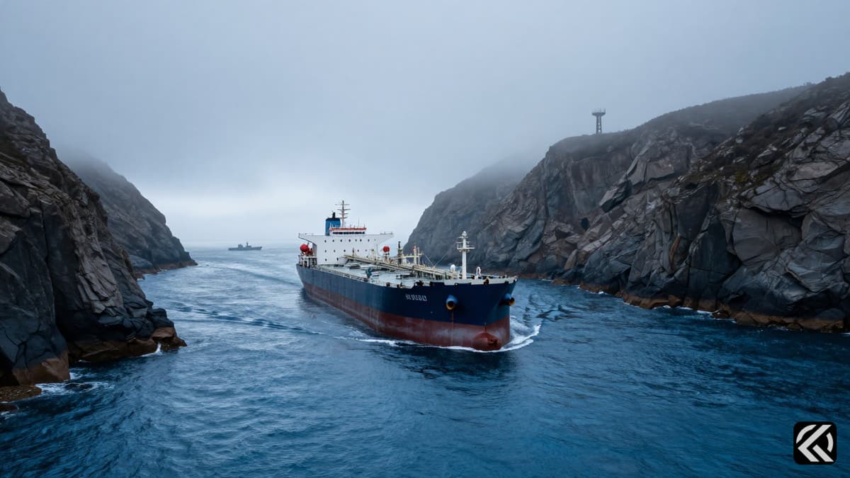 A large oil tanker navigating the narrow Strait of Hormuz with coastal cliffs and a watchtower visible in the background.