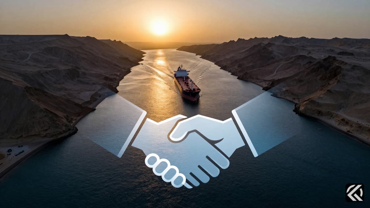Aerial view of a tanker in the Strait of Hormuz with a symbolic broken handshake overlay representing a failed ceasefire.