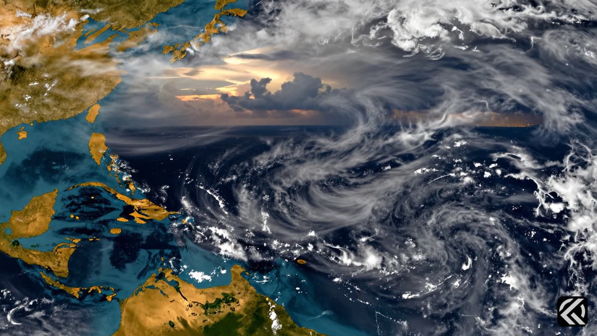 Satellite view of Atlantic Ocean showing wind shear patterns over central waters and warm western currents.