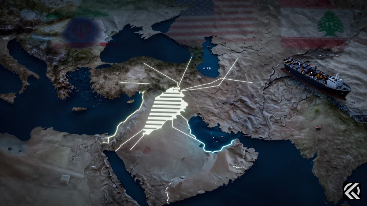 Realistic map showing Lebanon and Israel with negotiation lines and a tanker near the Strait of Hormuz under somber lighting.