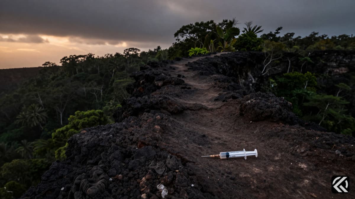 A lonely hiking trail on a rocky cliff edge with a discarded syringe on the ground at dusk.