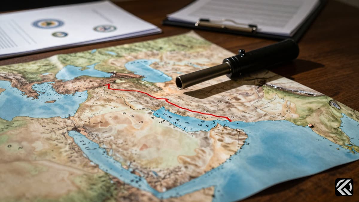 A map of the Middle East with a highlighted Strait of Hormuz and diplomatic documents on a desk.
