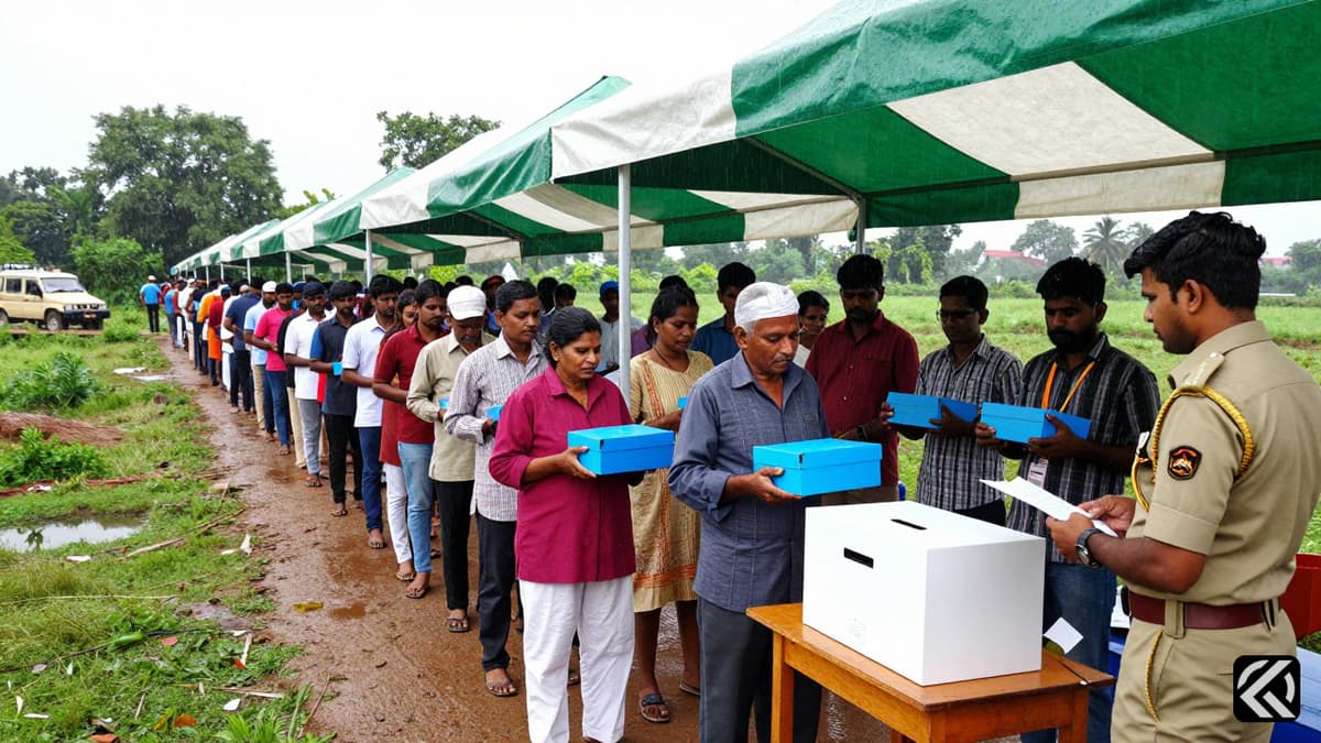 Voters queue under a canopy for the Assam Assembly elections with EVM machines and security present.