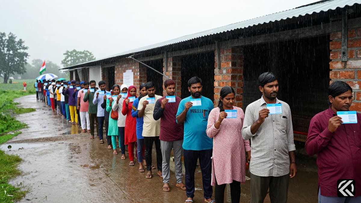 Citizens queueing for voting in the Assam Assembly Elections 2026 under rainy conditions.