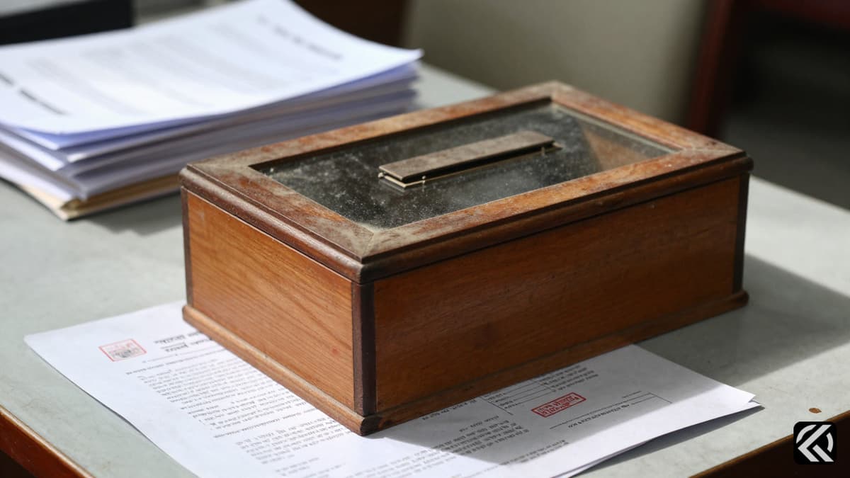 Close-up of a ballot box and documents on a desk during an electoral process in West Bengal.
