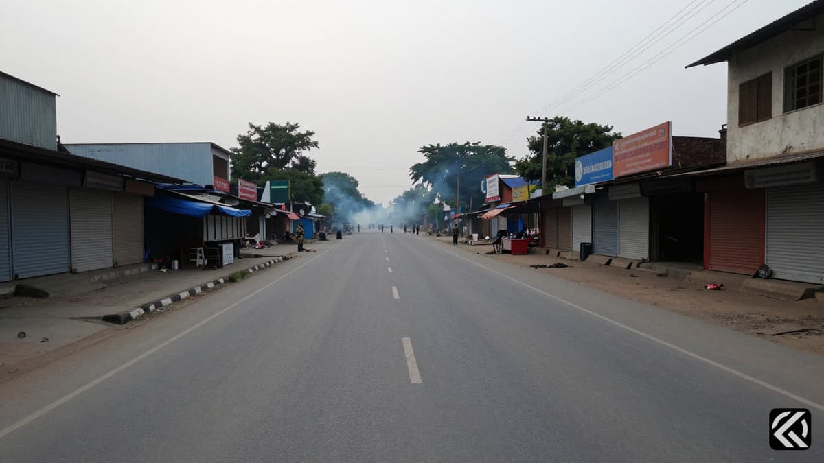 A deserted street in the Imphal Valley with closed shops and no people, reflecting the unrest following a bomb attack.