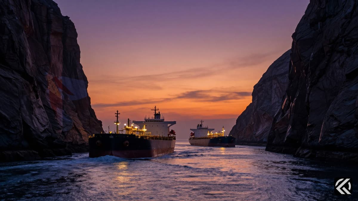 Large oil tankers navigate the narrow Strait of Hormuz at sunset, flanked by rocky cliffs in a realistic photograph.