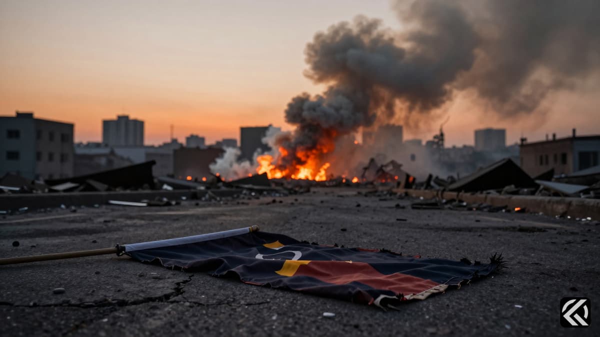 Smoke rises from a destroyed city skyline at dusk with a tattered flag on the ground.