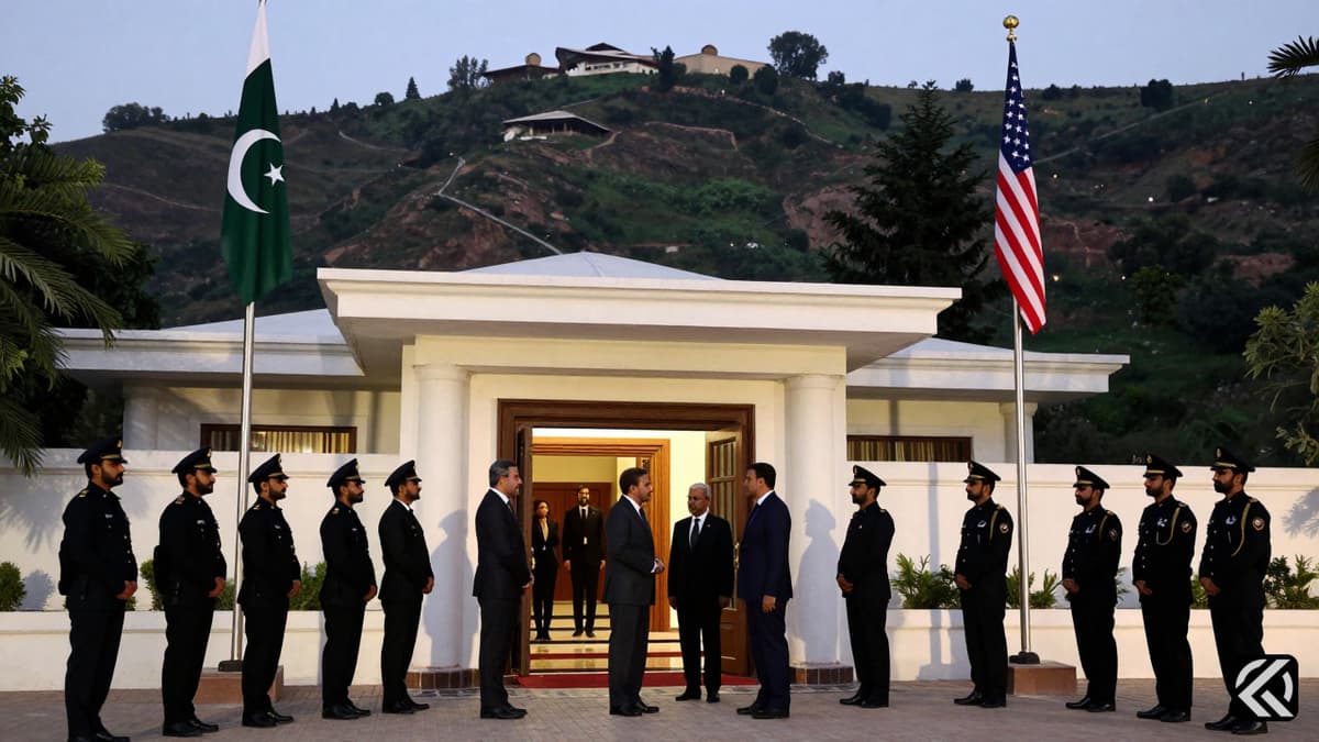 Dignitaries gather at the Serena Hotel in Islamabad for diplomatic meetings with flags visible in the background.