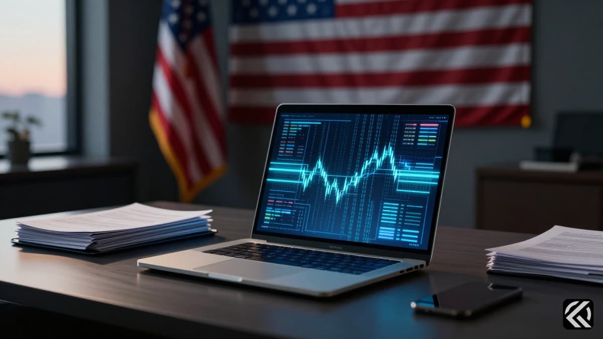 A realistic photo of a government office desk with a laptop showing digital data streams and a blurred American flag, symbolizing insider trading concerns.