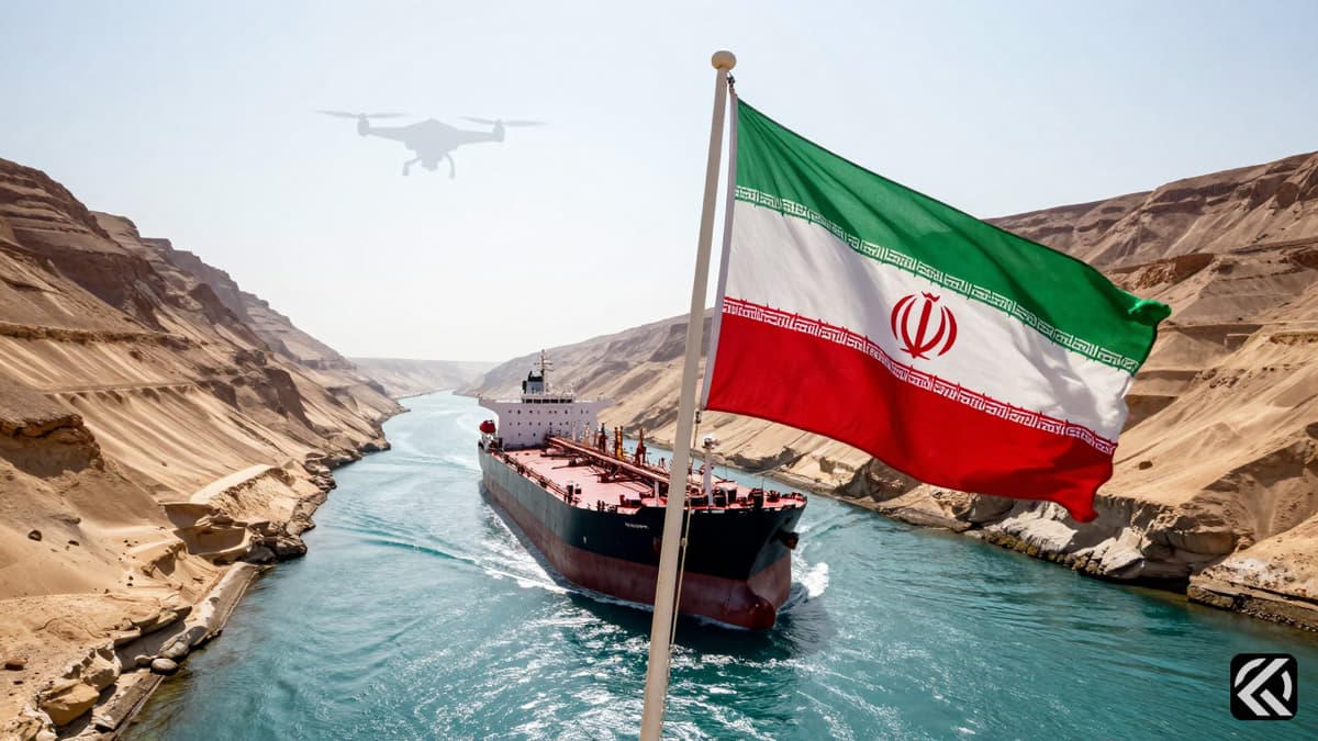 Oil tanker passing through a desert strait with a drone silhouette and Iranian flag symbolizing regional tension.