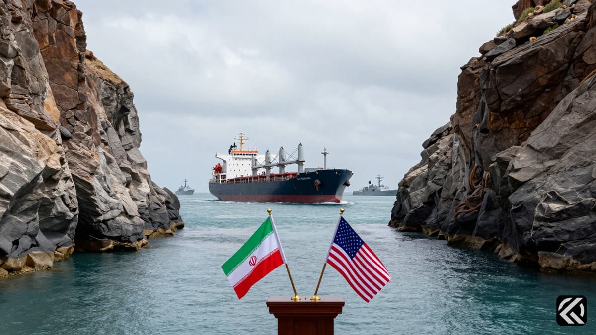A realistic photo of ships in a narrow waterway with flags of Iran and the US on a podium symbolizing diplomatic tension.